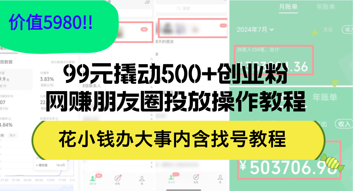 （12431期）99元撬动500+创业粉，网赚朋友圈投放操作教程价值5980！花小钱办大事内…-网创学习网