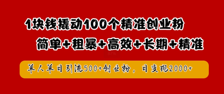 1块钱撬动100个精准创业粉，简单粗暴高效长期精准，单人单日引流500+创业粉，日变现2k【揭秘】-网创学习网